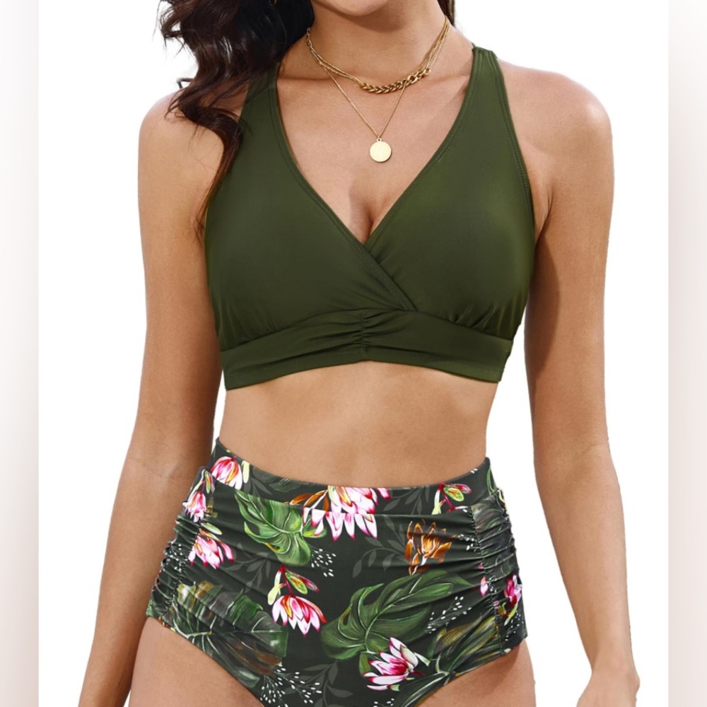 Hanna Nikole Plus Size Olive Green Floral Women's Swim Set